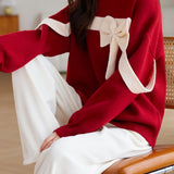 Red Round Neck Loose Knit with Ribbon - liwisi