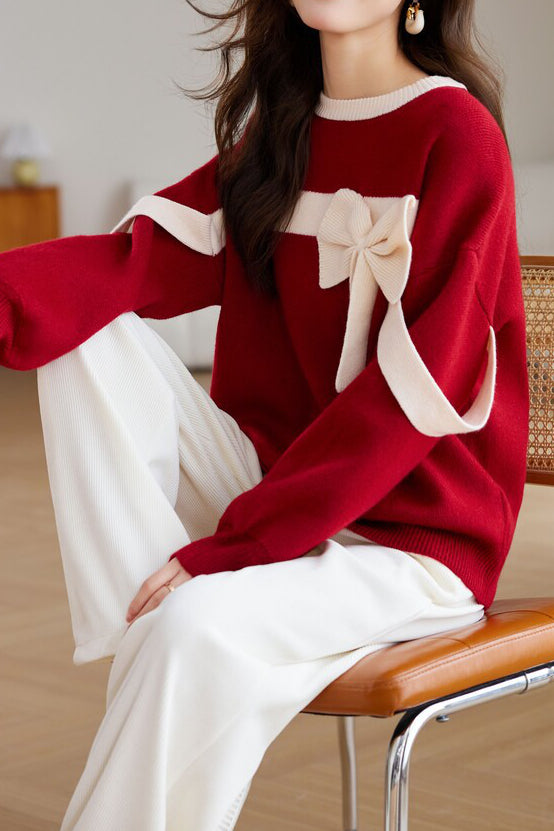 Red Round Neck Loose Knit with Ribbon - liwisi