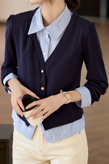 Blue Faux Two-Piece Striped Shirt - liwisi
