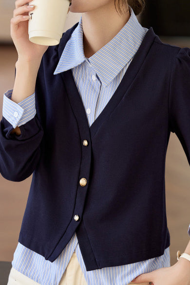 Blue Faux Two-Piece Striped Shirt - liwisi