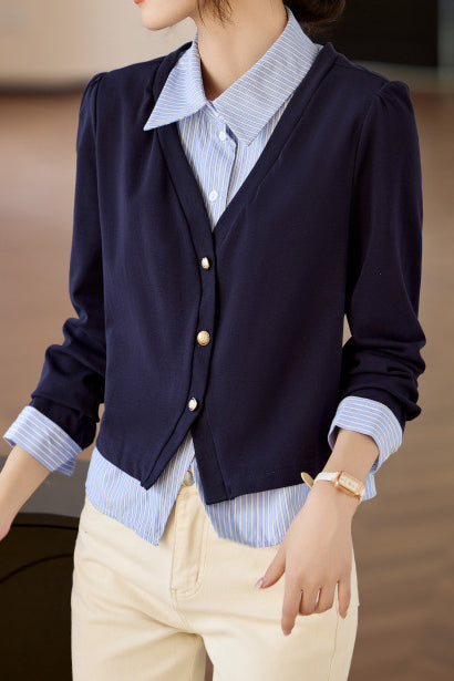 Blue Faux Two-Piece Striped Shirt - liwisi