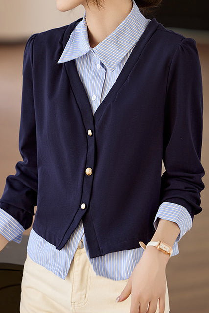 Blue Faux Two-Piece Striped Shirt - liwisi