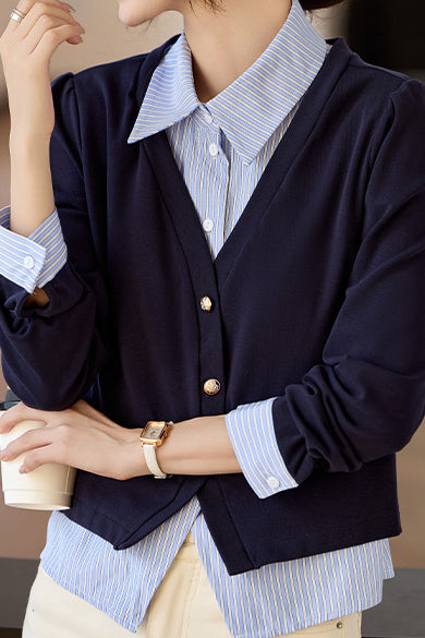 Blue Faux Two-Piece Striped Shirt - liwisi