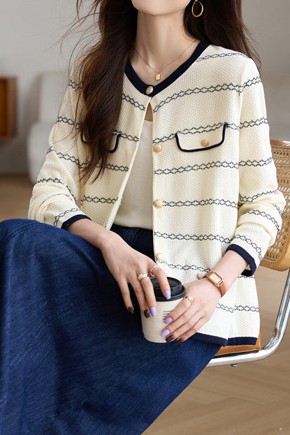 Elegant Round Neck Long Sleeve Striped Cardigan - 4 Colors Available - liwisi
