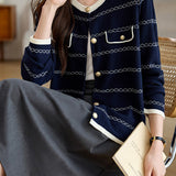 Elegant Round Neck Long Sleeve Striped Cardigan - 4 Colors Available - liwisi