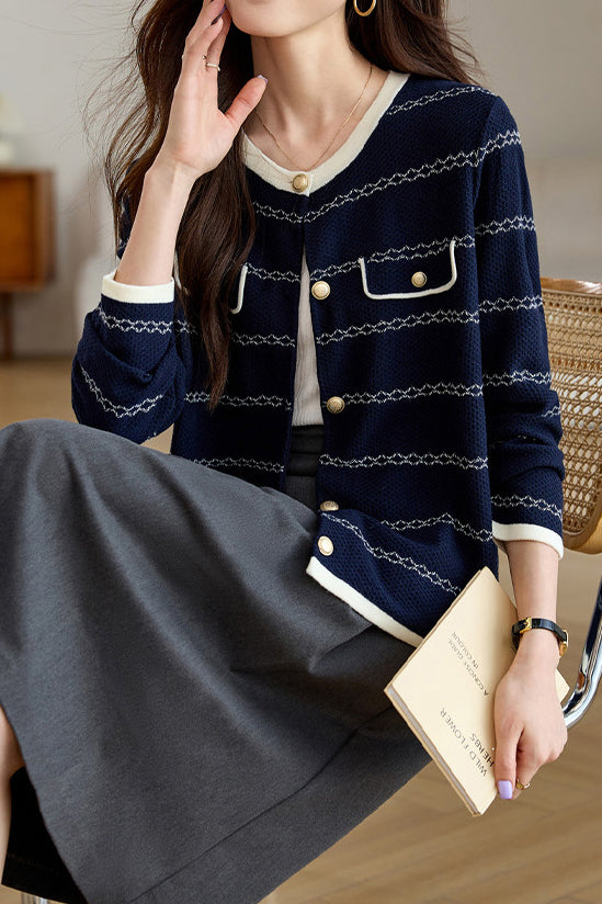 Elegant Round Neck Long Sleeve Striped Cardigan - 4 Colors Available - liwisi