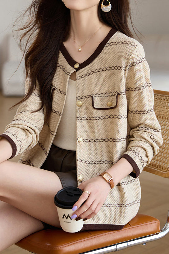 Elegant Round Neck Long Sleeve Striped Cardigan - 4 Colors Available - liwisi
