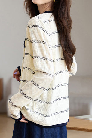 Elegant Round Neck Long Sleeve Striped Cardigan - 4 Colors Available - liwisi