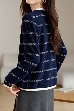 Elegant Round Neck Long Sleeve Striped Cardigan - 4 Colors Available - liwisi