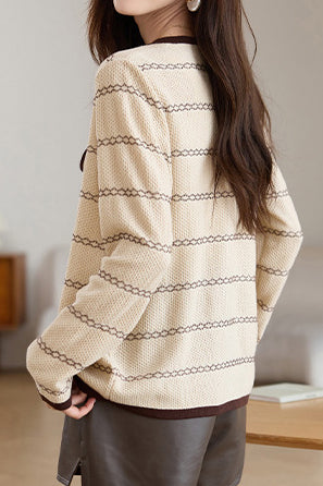 Elegant Round Neck Long Sleeve Striped Cardigan - 4 Colors Available - liwisi