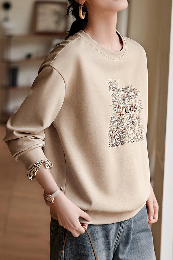 Elegant Floral Letter Embroidery Round Neck Sweatshirt - liwisi