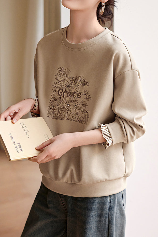 Elegant Floral Letter Embroidery Round Neck Sweatshirt - liwisi