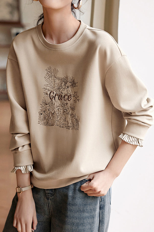 Elegant Floral Letter Embroidery Round Neck Sweatshirt - liwisi