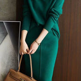 Elegant Solid Color Knit Two-piece Set: High-neck Knit Top + Knit Skirt - liwisi