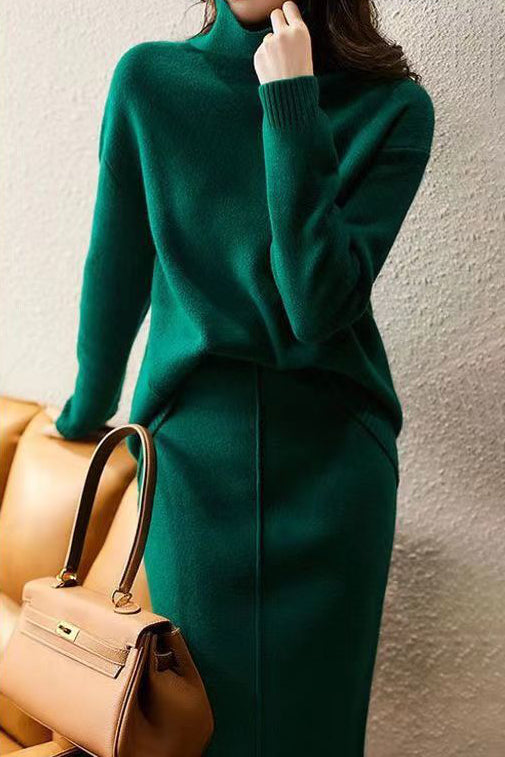 Elegant Solid Color Knit Two-piece Set: High-neck Knit Top + Knit Skirt - liwisi