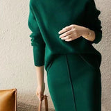 Elegant Solid Color Knit Two-piece Set: High-neck Knit Top + Knit Skirt - liwisi