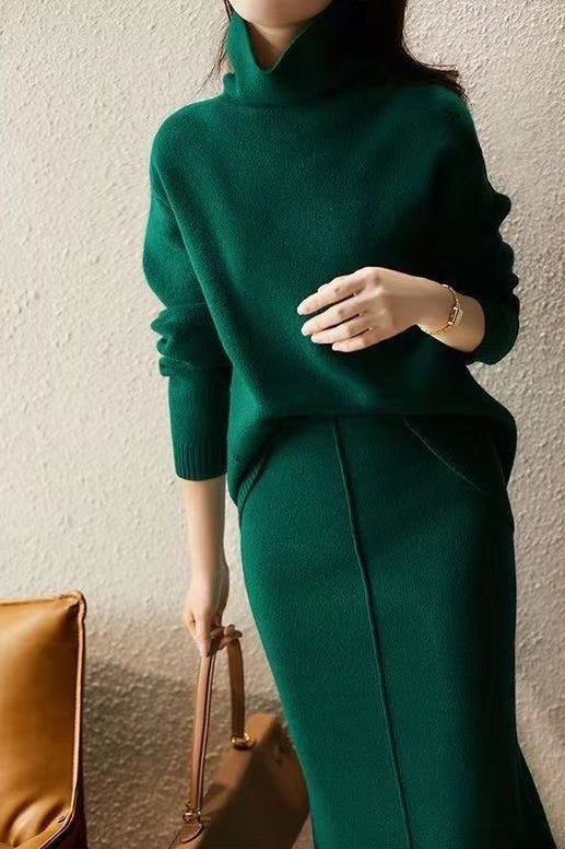 Elegant Solid Color Knit Two-piece Set: High-neck Knit Top + Knit Skirt - liwisi