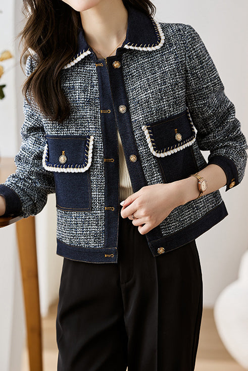 Elegant Denim Patchwork Elegant Boucle Coat - liwisi