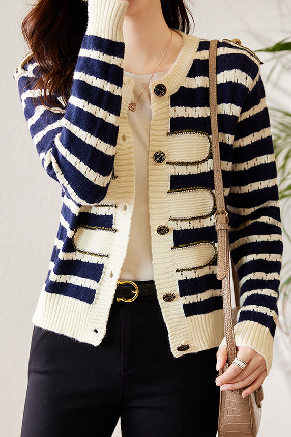Fashionable Round Neck Striped Knit Cardigan - liwisi