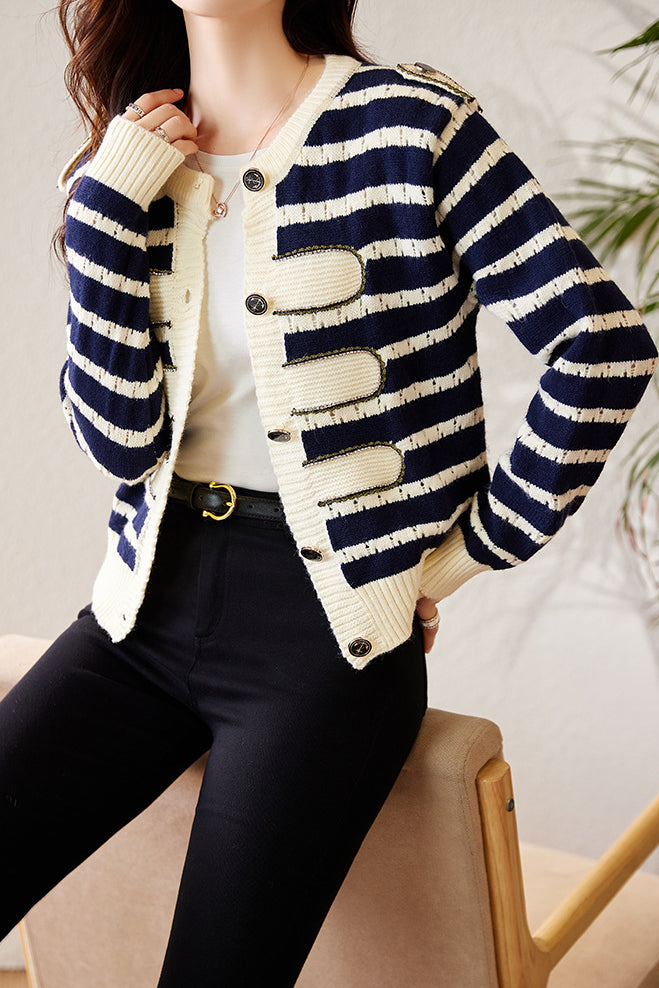 Fashionable Round Neck Striped Knit Cardigan - liwisi