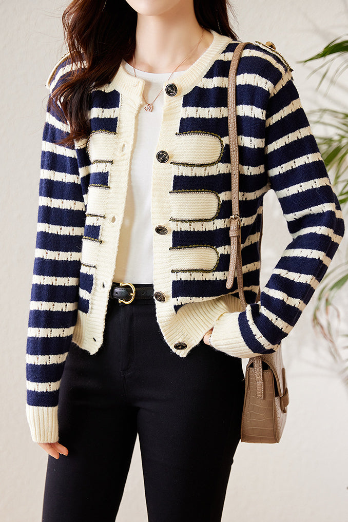 Fashionable Round Neck Striped Knit Cardigan - liwisi