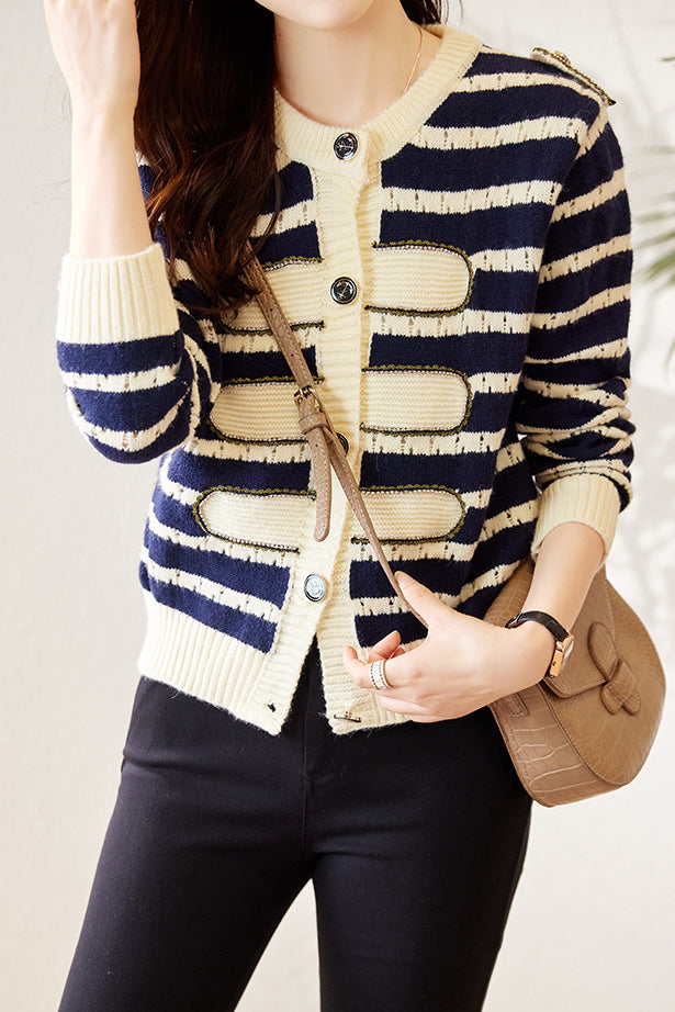 Fashionable Round Neck Striped Knit Cardigan - liwisi