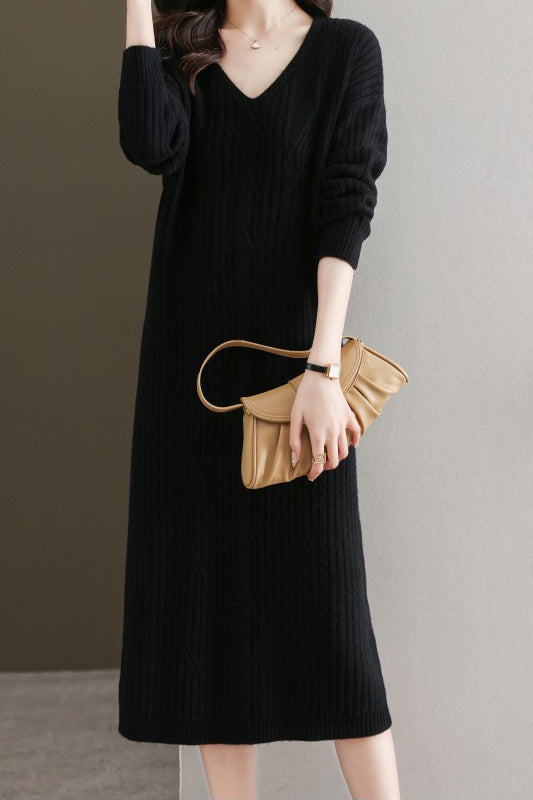 Simple and Comfortable Long Jacquard Knit Dress in 2 Colors - liwisi