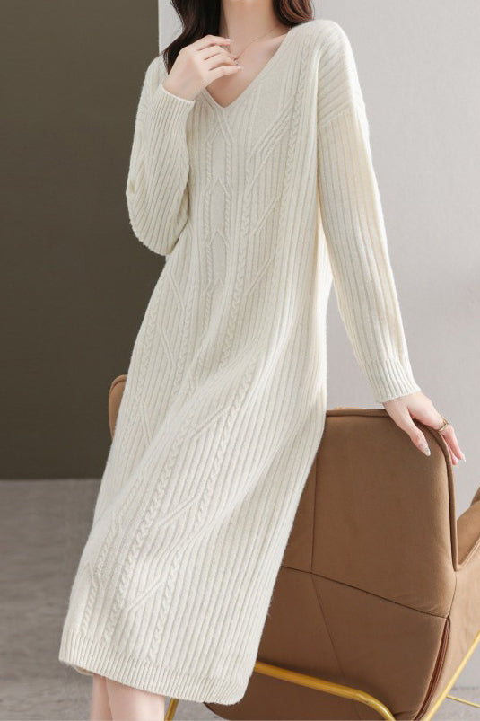 Simple and Comfortable Long Jacquard Knit Dress in 2 Colors - liwisi