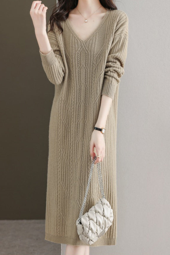 Simple and Comfortable Long Jacquard Knit Dress in 2 Colors - liwisi