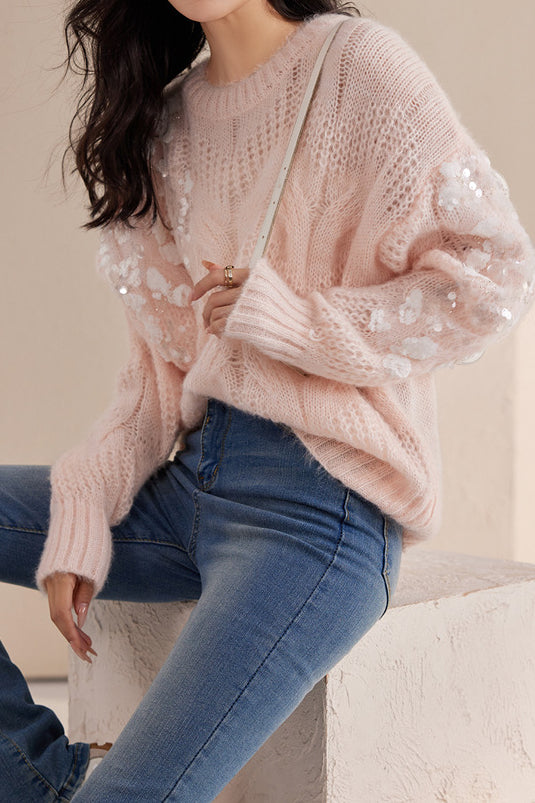 Fashionable Sequin Knit Round Neck Sweater - liwisi