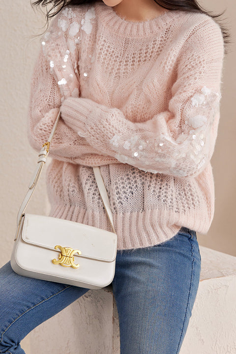 Fashionable Sequin Knit Round Neck Sweater - liwisi