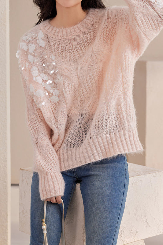 Fashionable Sequin Knit Round Neck Sweater - liwisi