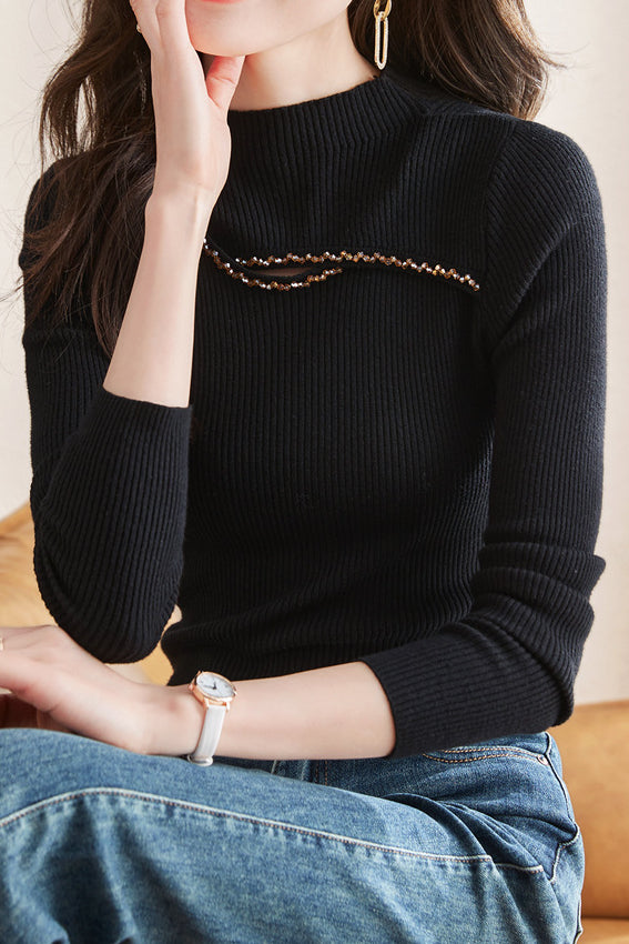 Round Neck Beaded Hollow Knit Top - liwisi