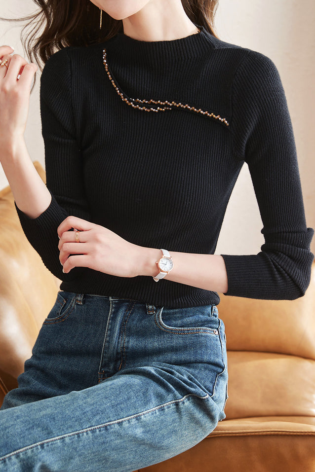 Round Neck Beaded Hollow Knit Top - liwisi