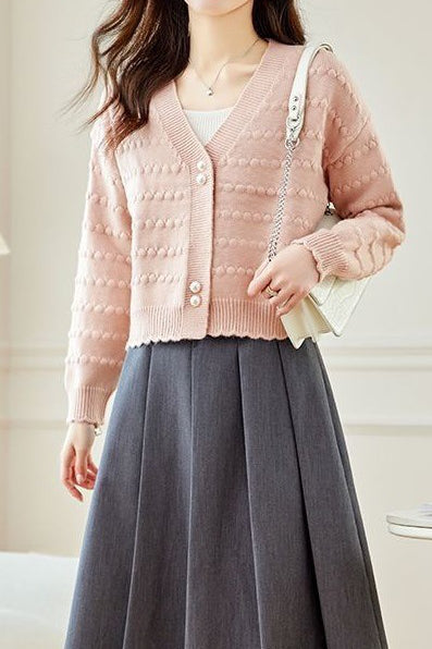 V-Neck Textured Knit Jacquard Cardigan - liwisi