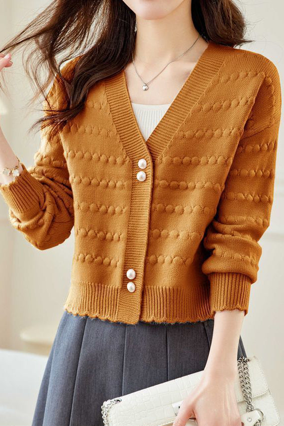 V-Neck Textured Knit Jacquard Cardigan - liwisi