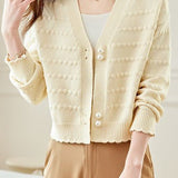 V-Neck Textured Knit Jacquard Cardigan - liwisi