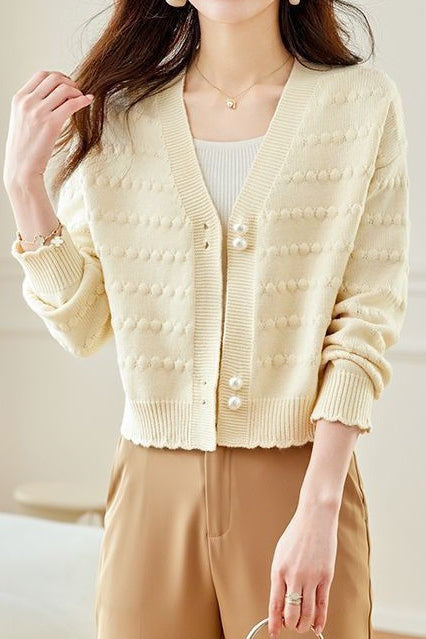 V-Neck Textured Knit Jacquard Cardigan - liwisi