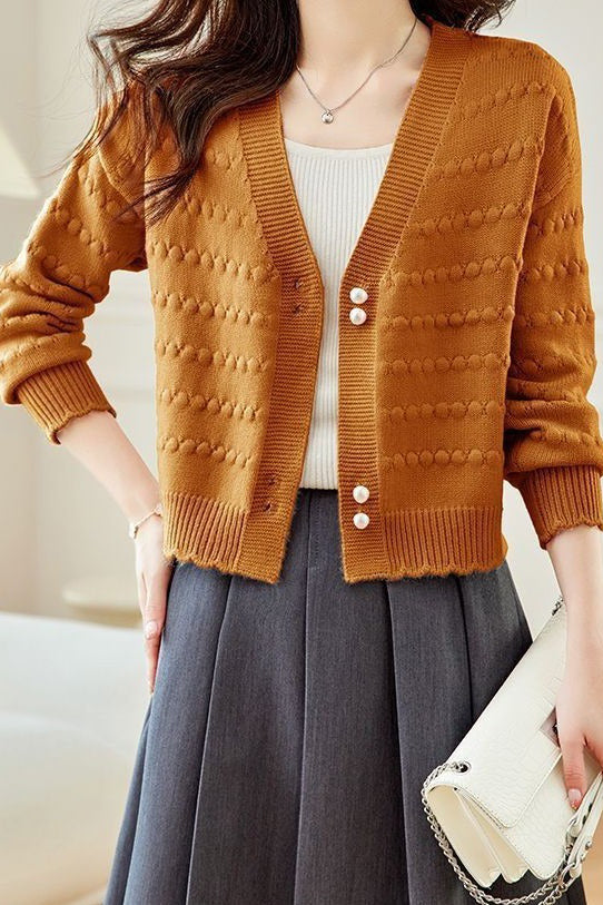 V-Neck Textured Knit Jacquard Cardigan - liwisi