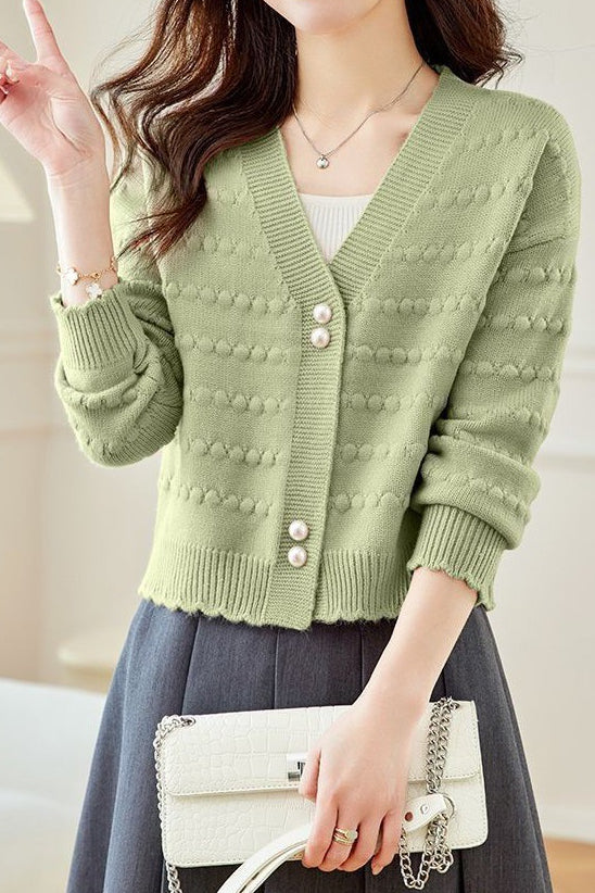 V-Neck Textured Knit Jacquard Cardigan - liwisi