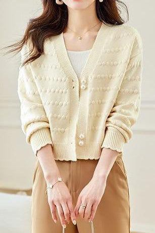 V-Neck Textured Knit Jacquard Cardigan - liwisi