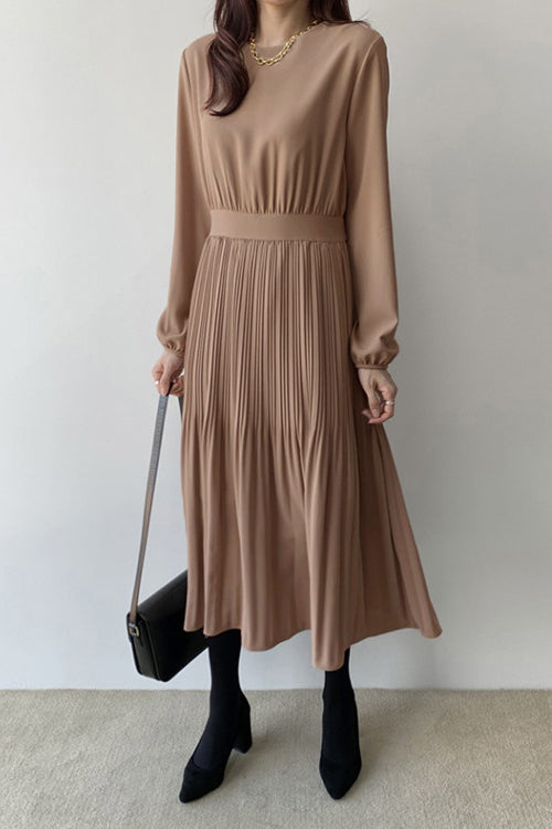 Round Neck Pleated Contrast Long Flare Dress - 4 Colors Available - liwisi