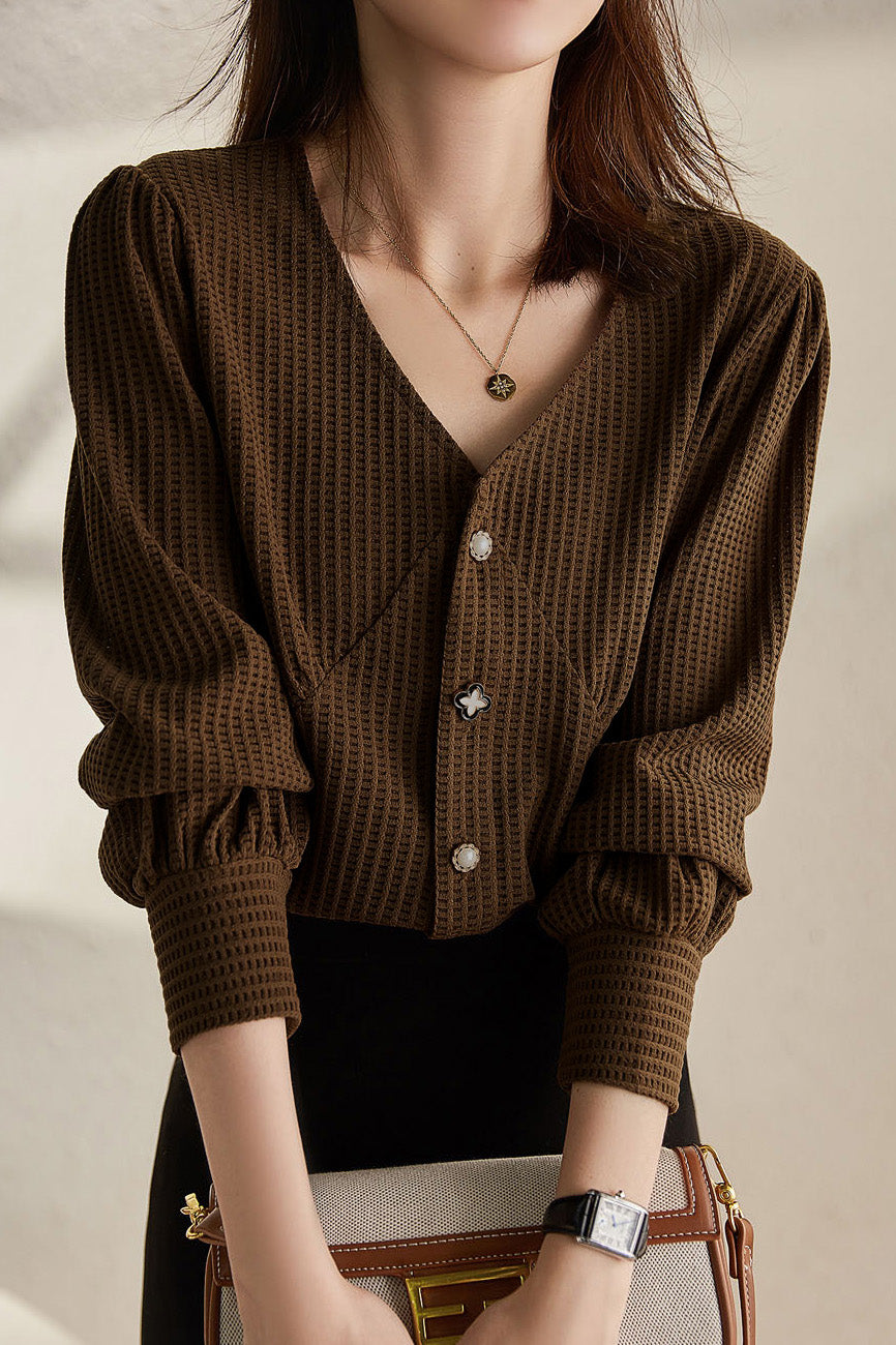olid Color V-Neck Single-Breasted Shirt - liwisi
