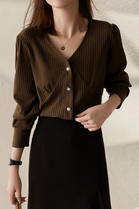 olid Color V-Neck Single-Breasted Shirt - liwisi
