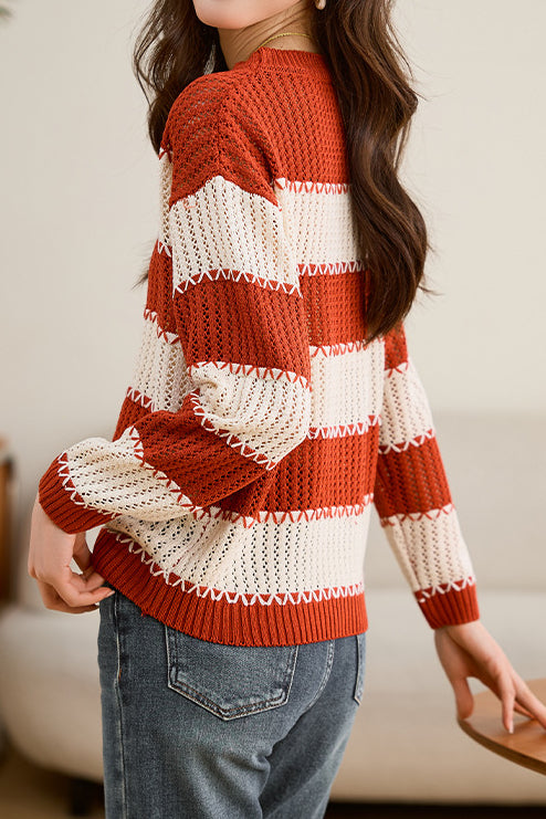 Contrast Color Hollow Out Knit Sweater - liwisi