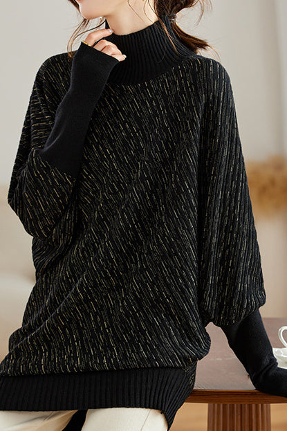 Half High Neck Irregular Batwing Sleeve Knit Sweater - liwisi