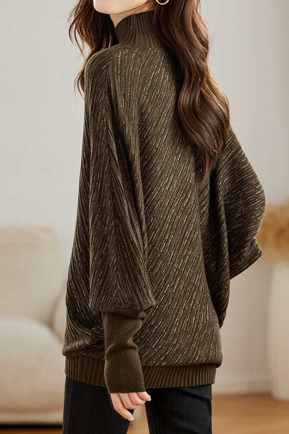Half High Neck Irregular Batwing Sleeve Knit Sweater - liwisi
