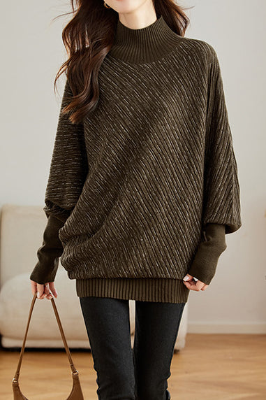 Half High Neck Irregular Batwing Sleeve Knit Sweater - liwisi