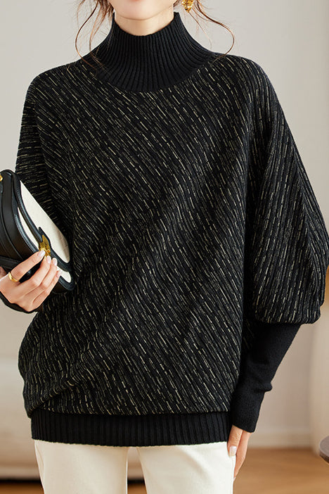 Half High Neck Irregular Batwing Sleeve Knit Sweater - liwisi