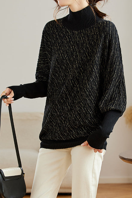 Half High Neck Irregular Batwing Sleeve Knit Sweater - liwisi